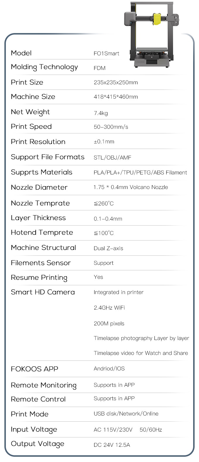 [视频] FOKOOS Odin智能3D打印机: 99%预组装+智能摄像头