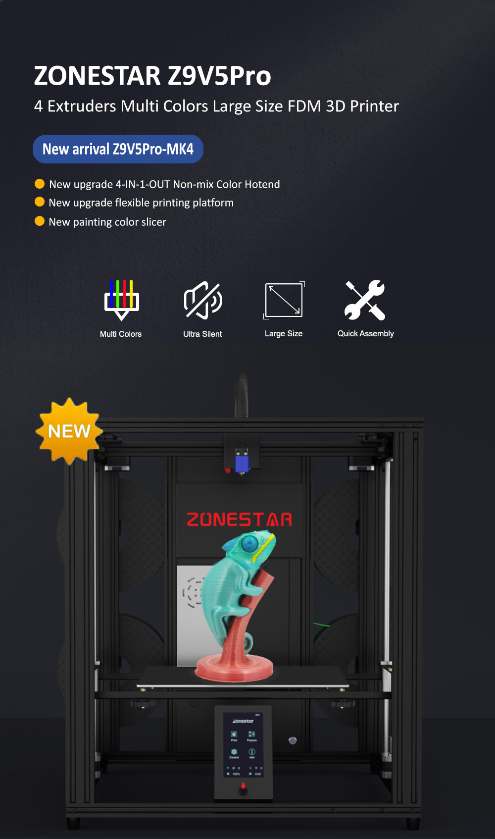 [视频] ZONESTAR Z9V5Pro-MK4 CoreXY 4挤出机多色静音 FDM 3D打印机